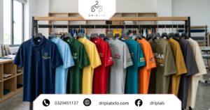 Áo thun đồng phục theo yêu cầu với nhiều kiểu dáng polo, cổ tròn và oversize được trưng bày trong showroom.